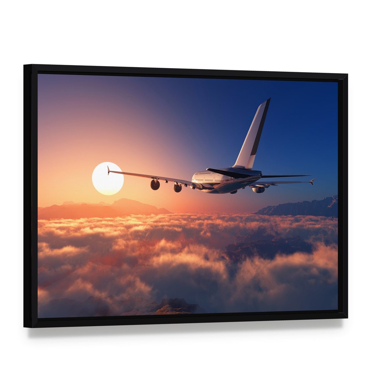 Passenger Plane Above the Clouds Canvas Wall Art, framed canvas in a black floater frame, angled product view