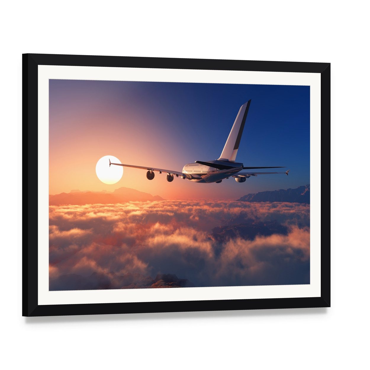 Passenger Plane Above the Clouds Canvas Wall Art, framed print with white mat and black frame, angled product view