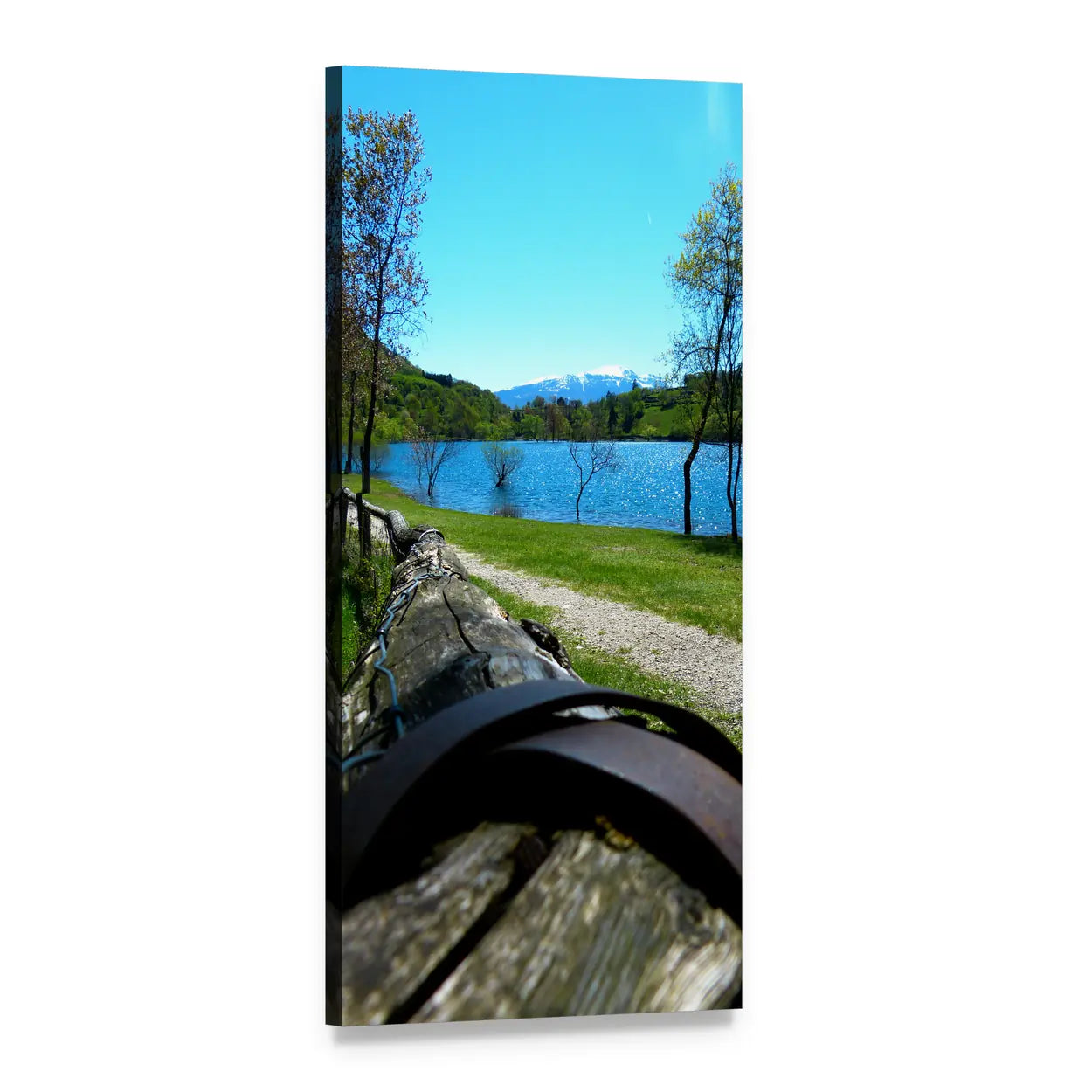 Tenno Lake Fence and Snow-capped Mountains Vertical Canvas Wall Art, 1 panel 1 Vertical layout gallery wrapped canvas set, angled product view