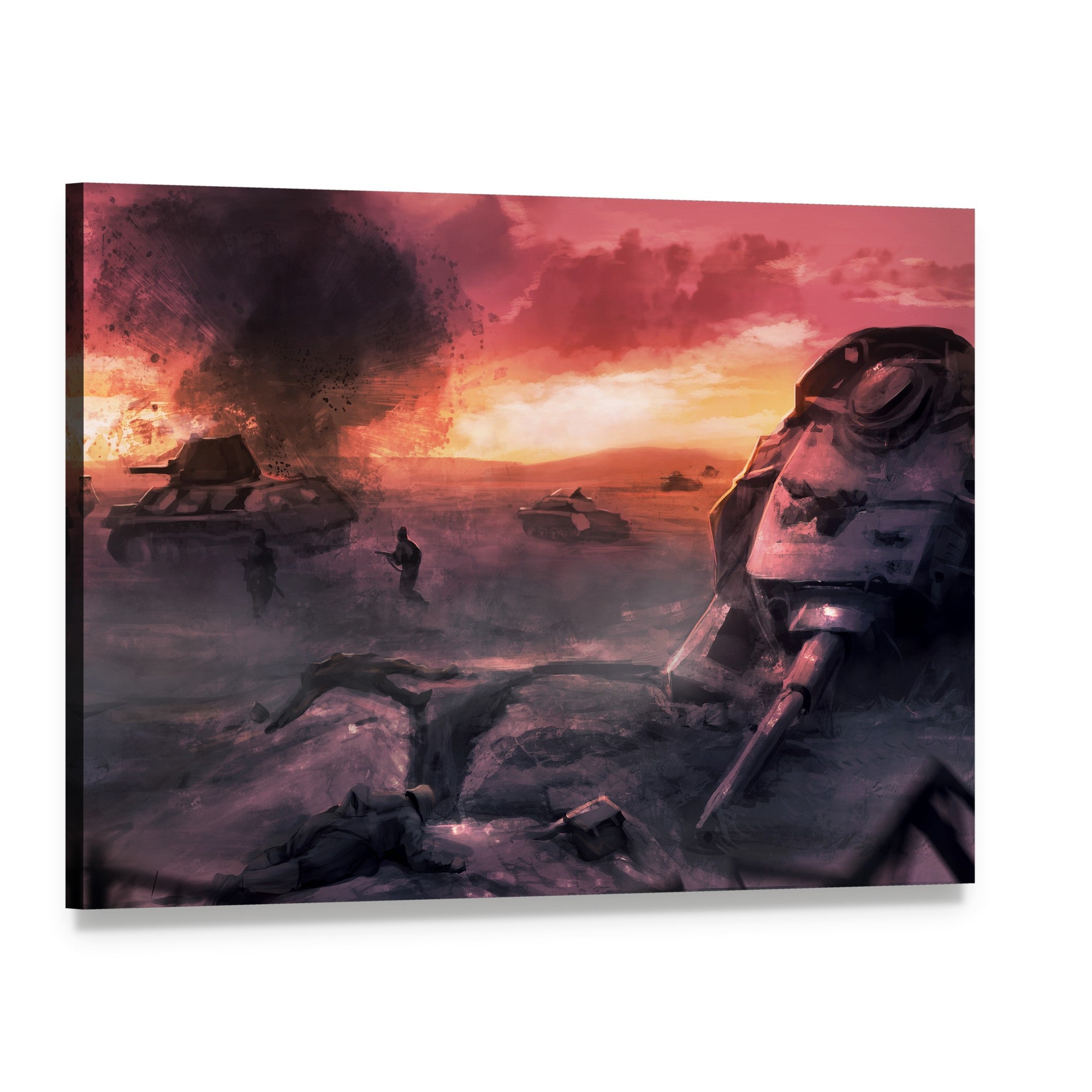 Tank Battle at Sunset Canvas Wall Art, single panel gallery wrapped canvas, angled product view