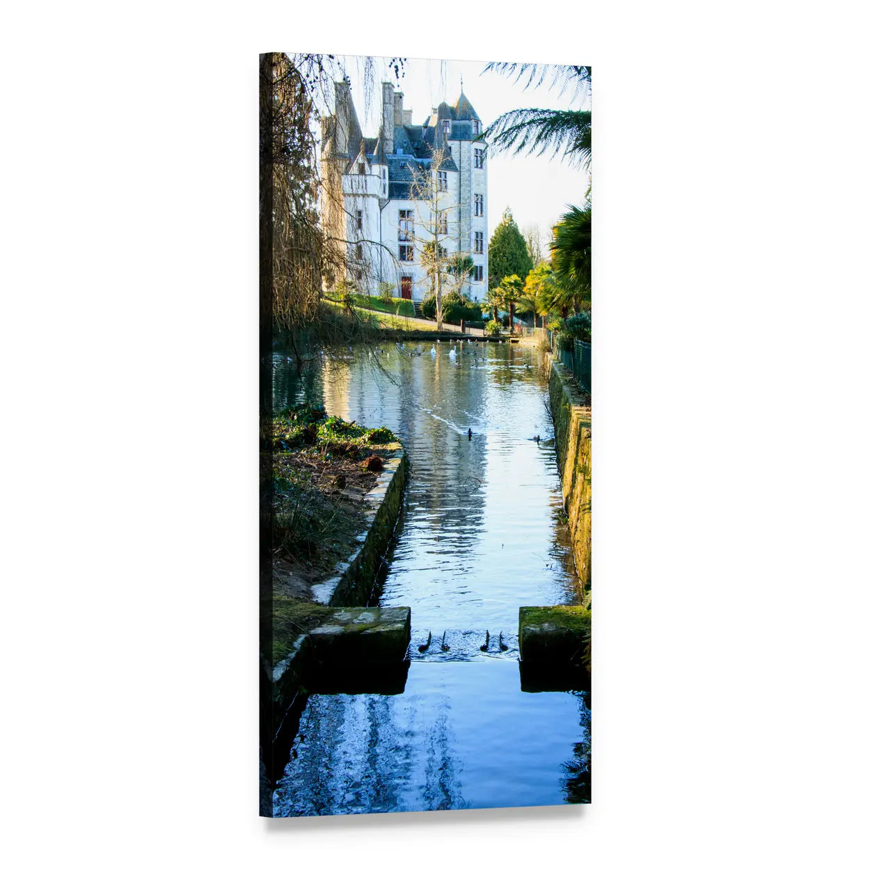 White Chateau by Canal Vertical Canvas Wall Art, 1 panel 1 Vertical layout gallery wrapped canvas set, angled product view