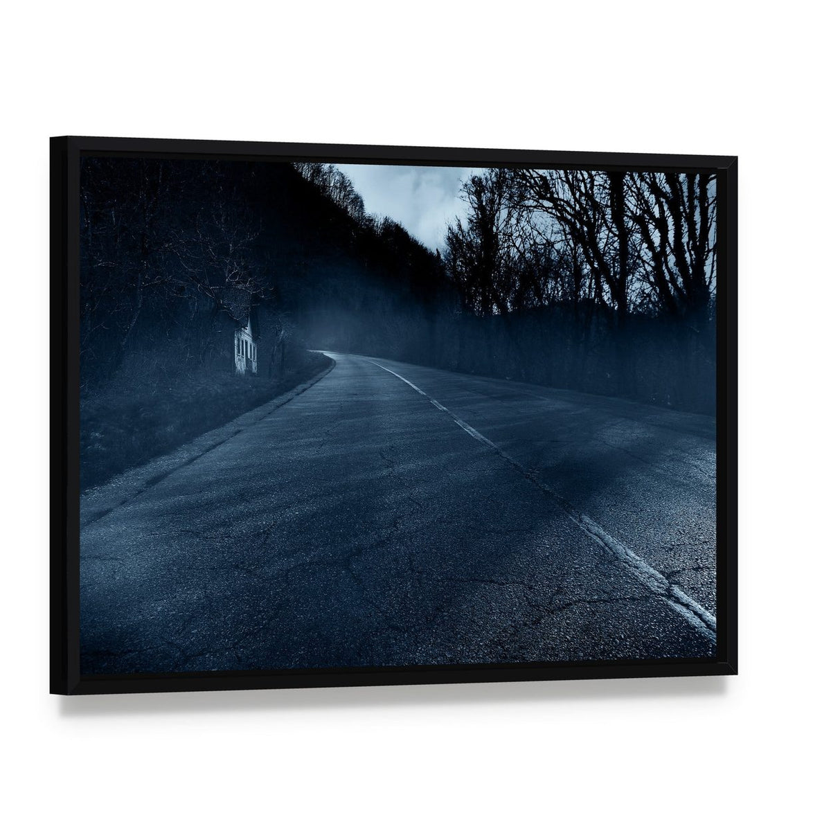 Horror Road Canvas Wall Art, framed canvas in a black floater frame, angled product view
