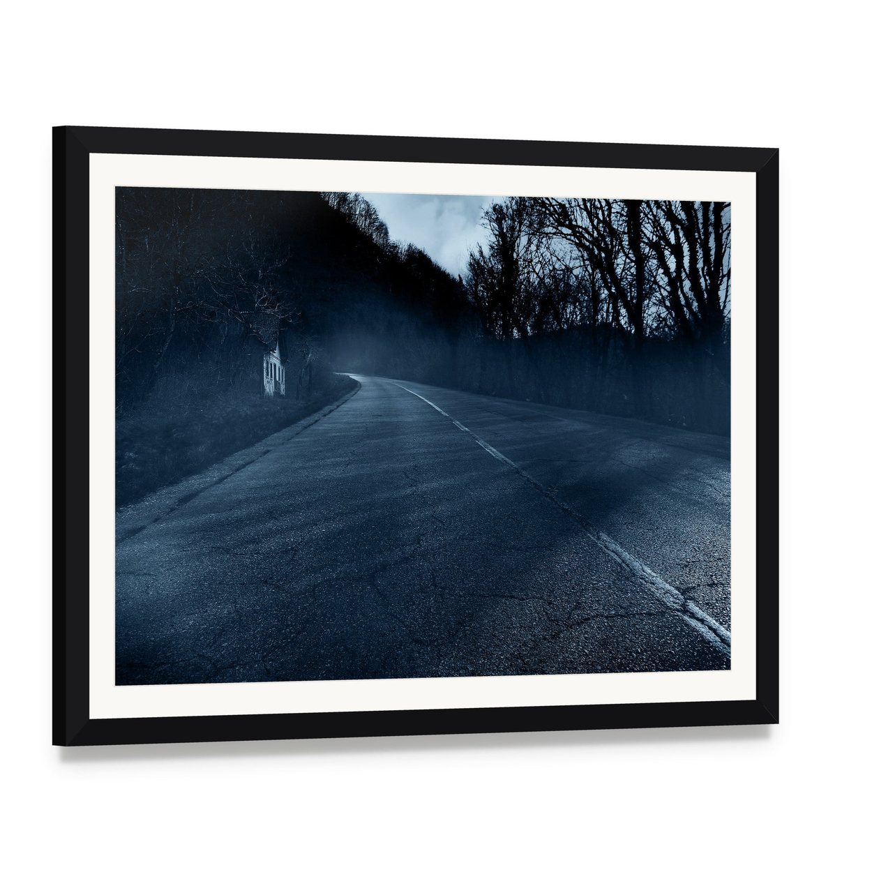 Horror Road Canvas Wall Art, framed print with white mat and black frame, angled product view