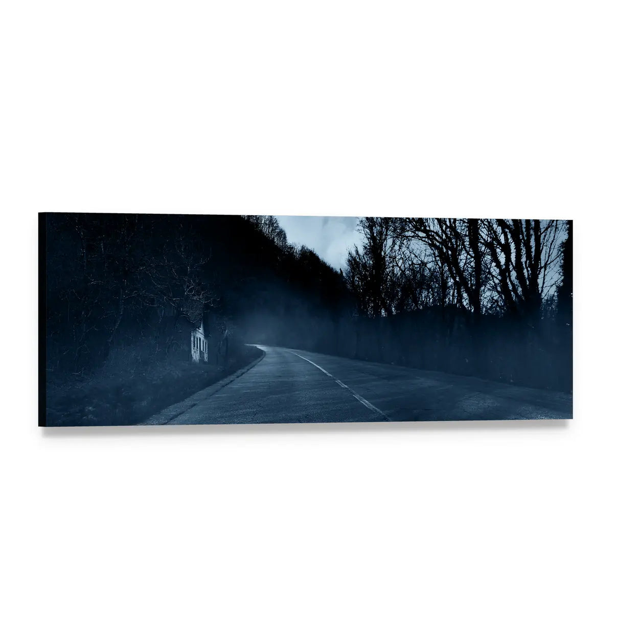 Eerie Winding Road at Dusk Panoramic Canvas Wall Art, single panel gallery wrapped canvas, angled product view
