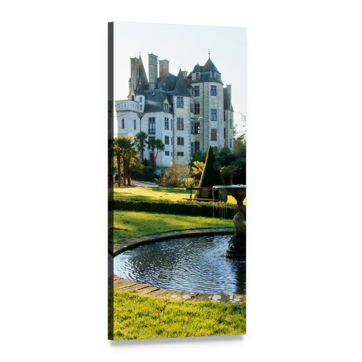 French Chateau with Fountain and Garden Vertical Canvas Wall Art, 1 panel 1 Vertical layout gallery wrapped canvas set, angled product view