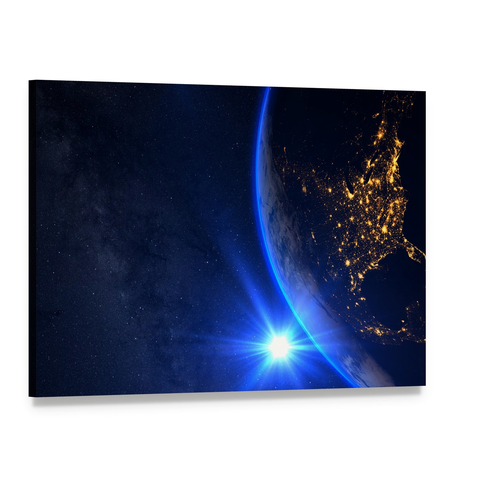 Rising Blue Sun on Planet Earth Canvas Wall Art, single panel gallery wrapped canvas, angled product view