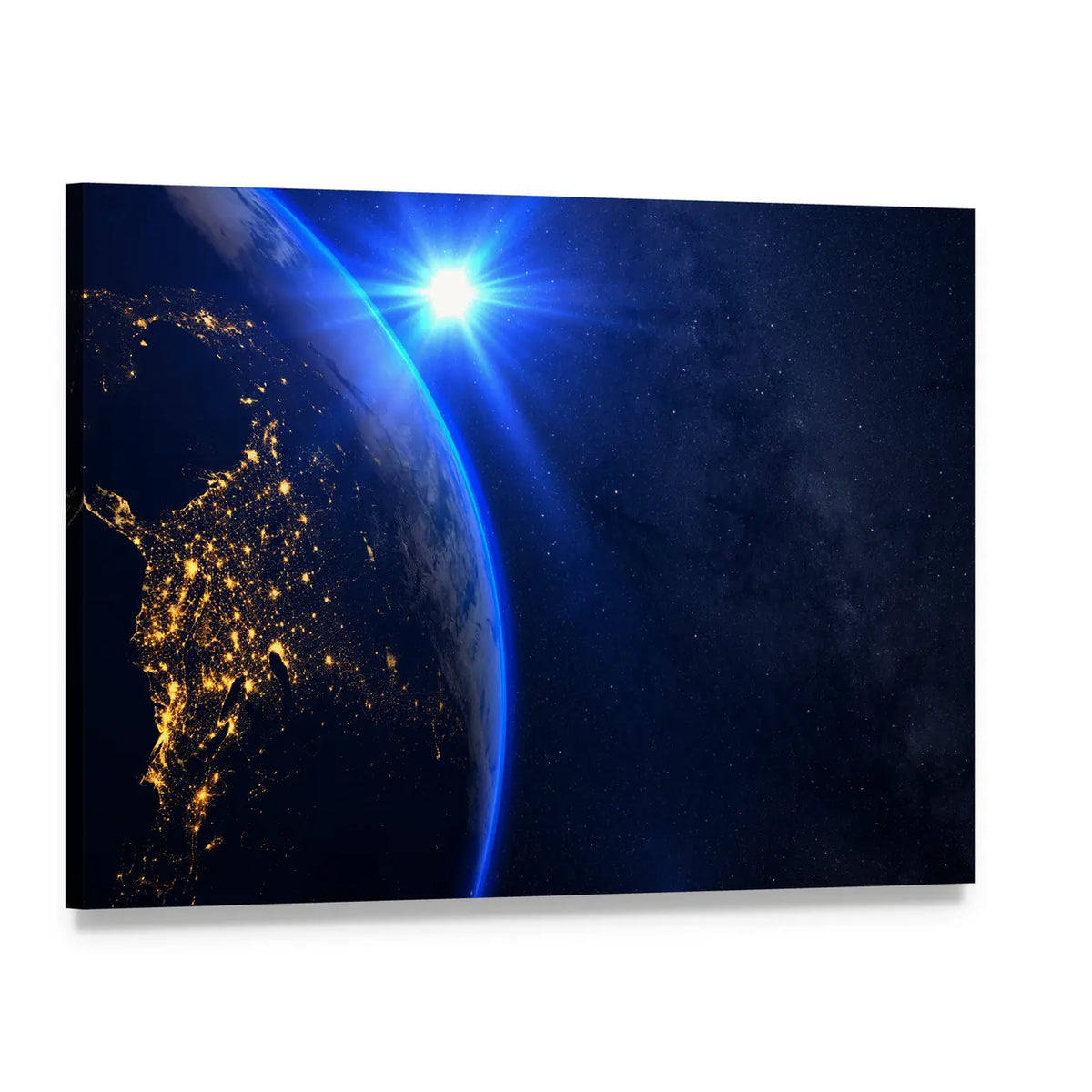 Rising Blue Sun on Planet Earth Canvas Wall Art, single panel gallery wrapped canvas, angled product view