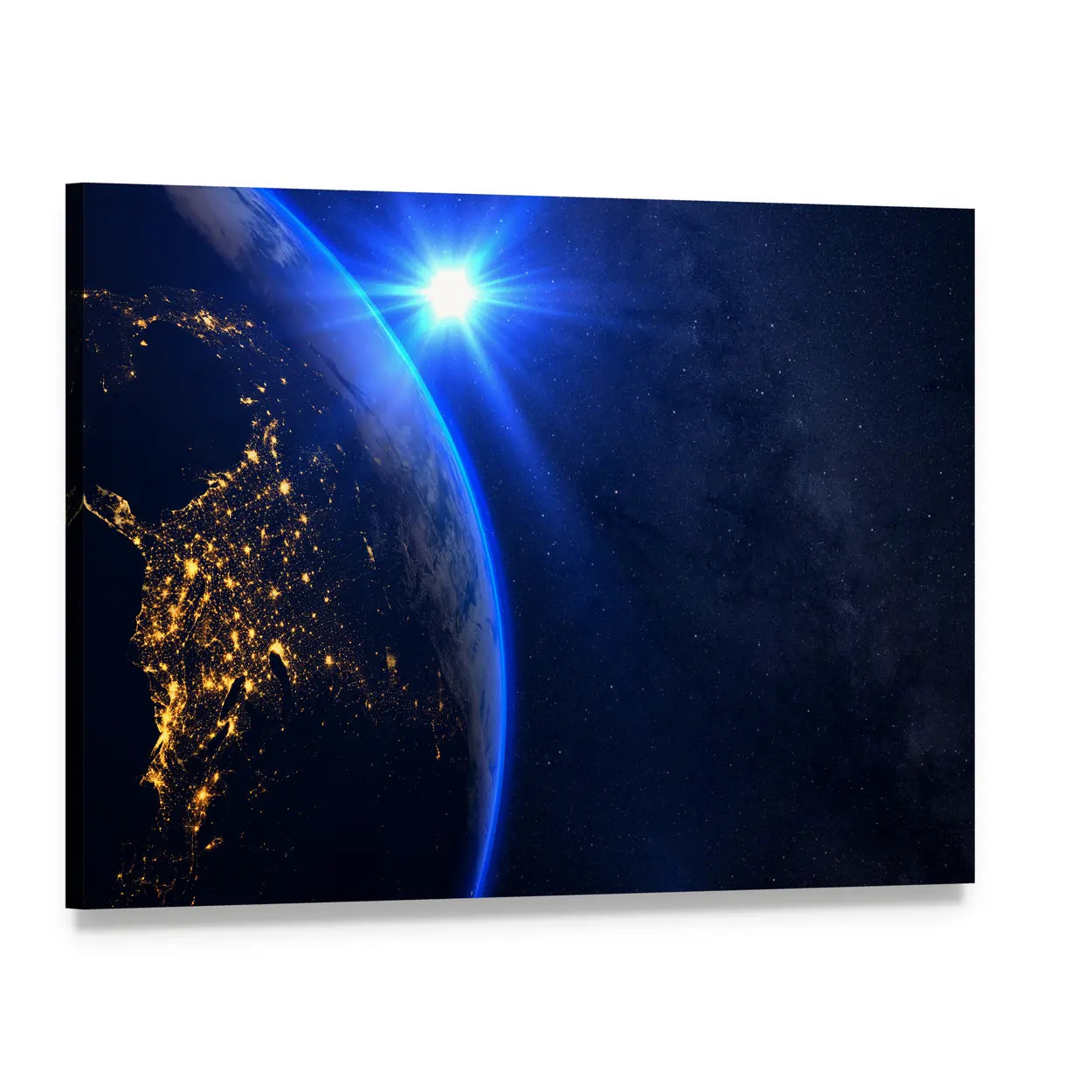 Rising Blue Sun on Planet Earth Canvas Wall Art, single panel gallery wrapped canvas, angled product view
