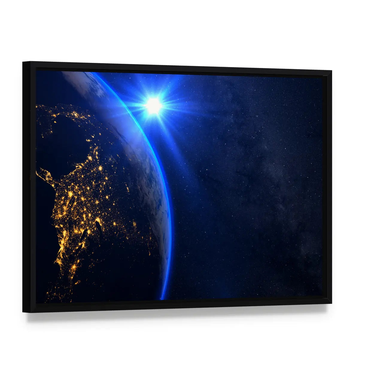 Rising Blue Sun on Planet Earth Canvas Wall Art, framed canvas in a black floater frame, angled product view
