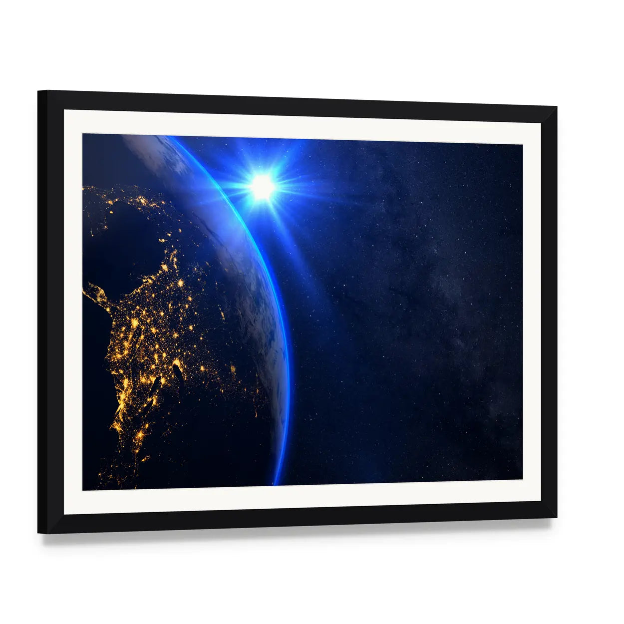 Rising Blue Sun on Planet Earth Canvas Wall Art, framed print with white mat and black frame, angled product view