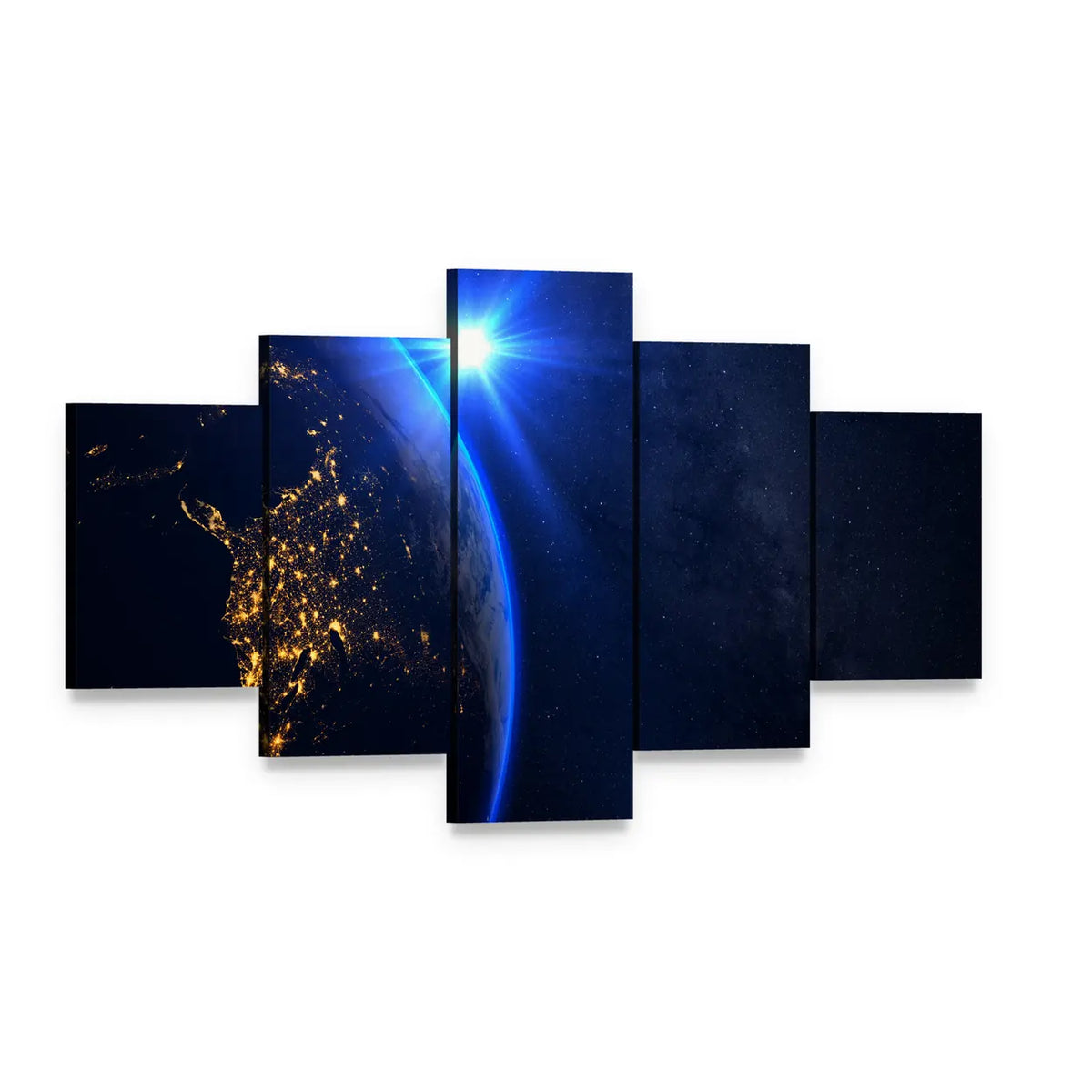 Rising Blue Sun on Planet Earth Canvas Wall Art, 5 panel 5 Star layout gallery wrapped canvas set, angled product view
