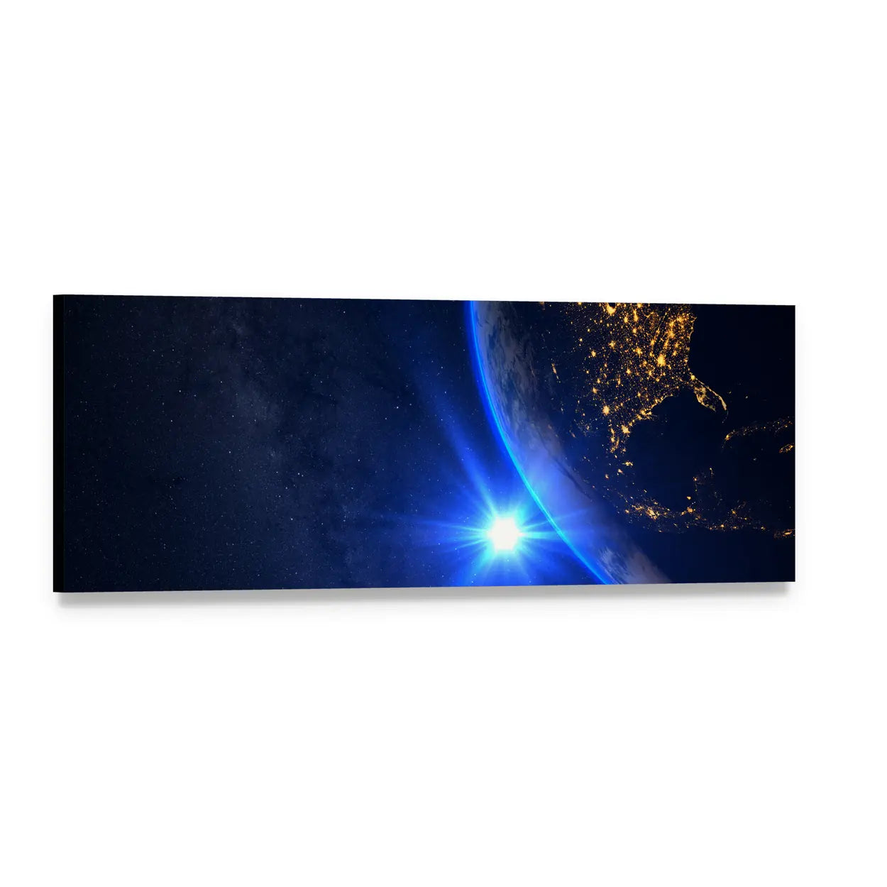Earth from Orbit at Sunrise Panoramic Canvas Wall Art, single panel gallery wrapped canvas, angled product view