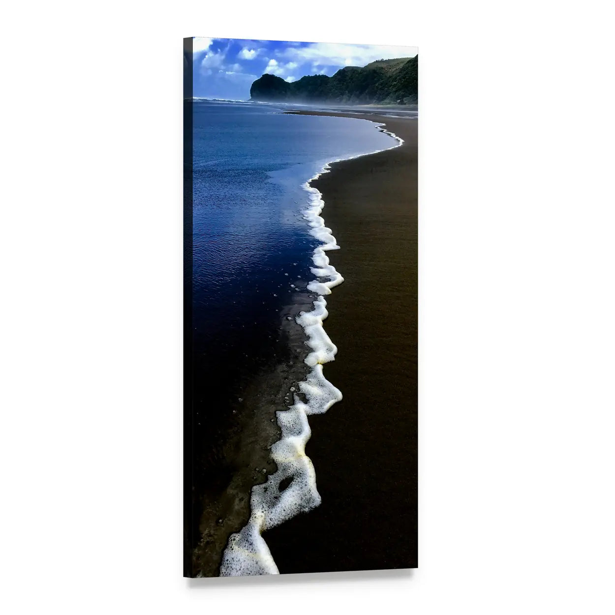 Piha Beach Foamy Waves and Dark Sand Vertical Canvas Wall Art, 1 panel 1 Vertical layout gallery wrapped canvas set, angled product view