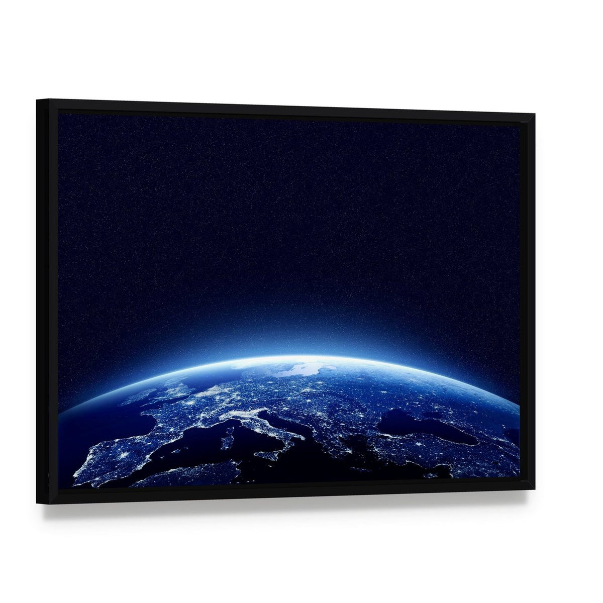 Earth at Night Canvas Wall Art, framed canvas in a black floater frame, angled product view