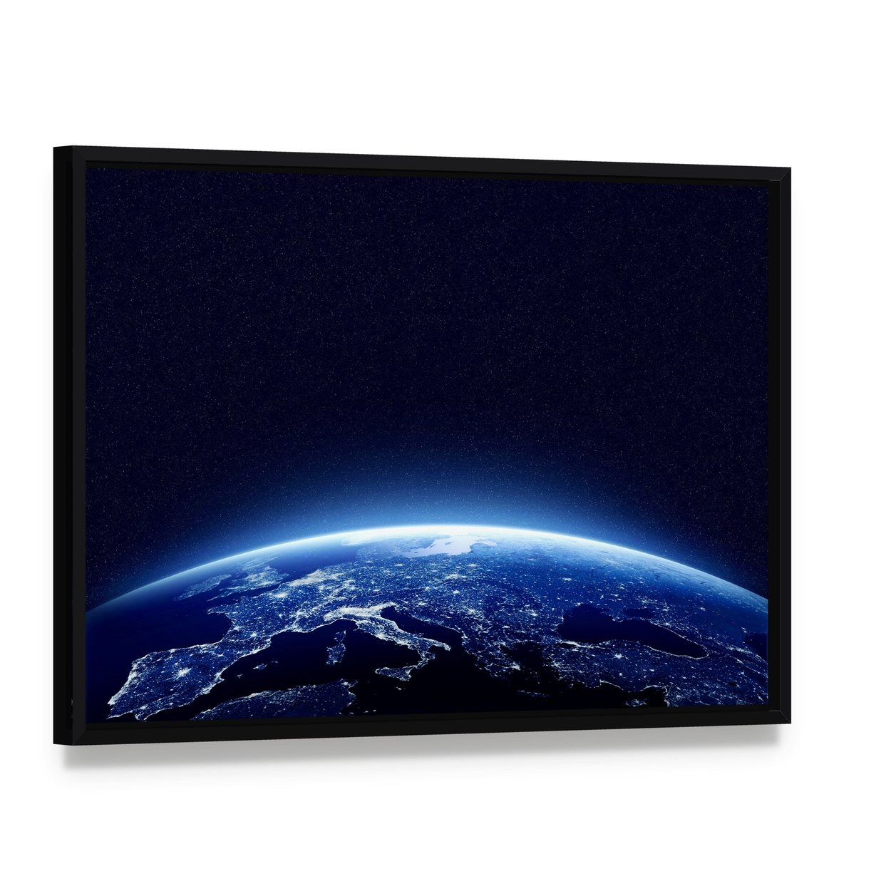 Earth at Night Canvas Wall Art, framed canvas in a black floater frame, angled product view