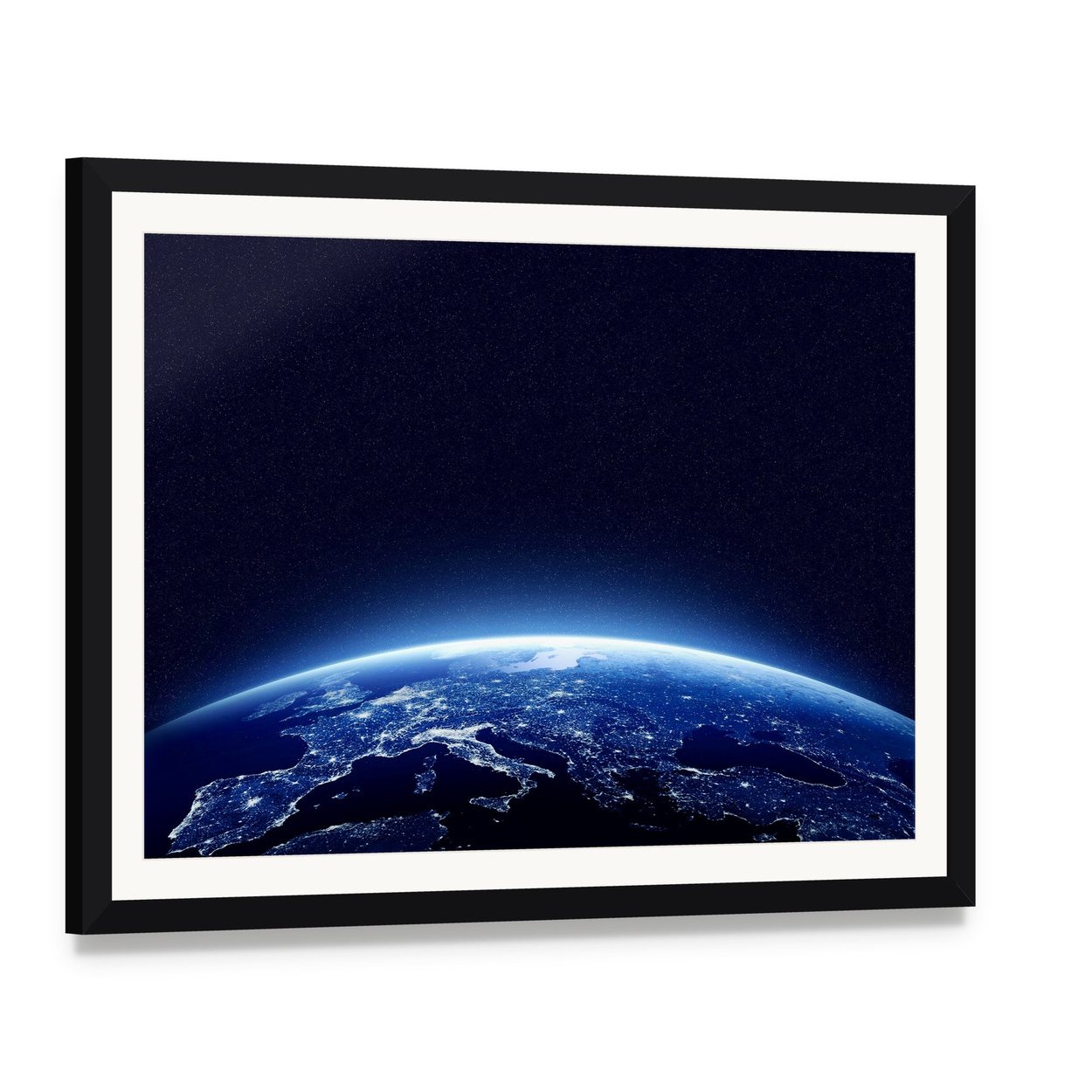 Earth at Night Canvas Wall Art, framed print with white mat and black frame, angled product view