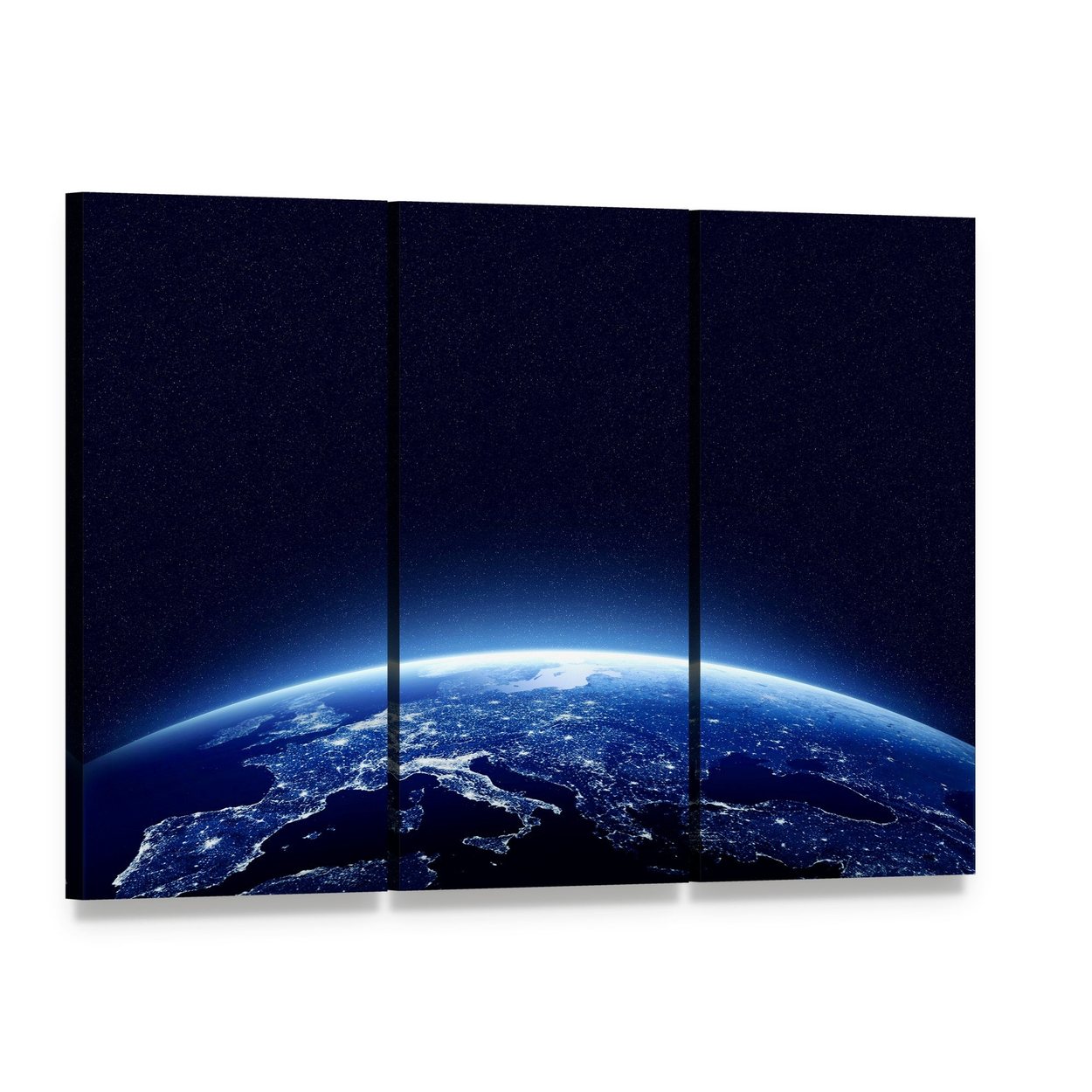 Earth at Night Canvas Wall Art, 3 panel 3 Horizontal layout gallery wrapped canvas set, angled product view