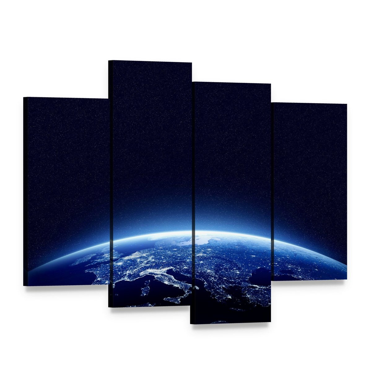 Earth at Night Canvas Wall Art, 4 panel 4 Pop layout gallery wrapped canvas set, angled product view