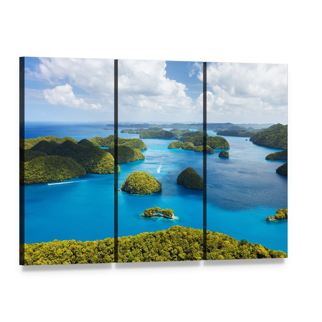 Tropical Island Aerial View Canvas Wall Art, 3 panel 3 Horizontal layout gallery wrapped canvas set, angled product view