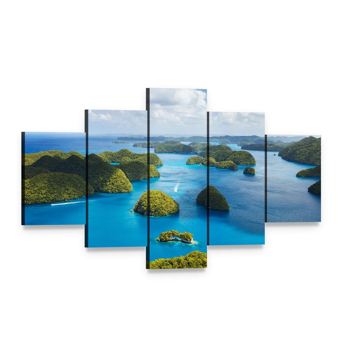 Tropical Island Aerial View Canvas Wall Art, 5 panel 5 Star layout gallery wrapped canvas set, angled product view