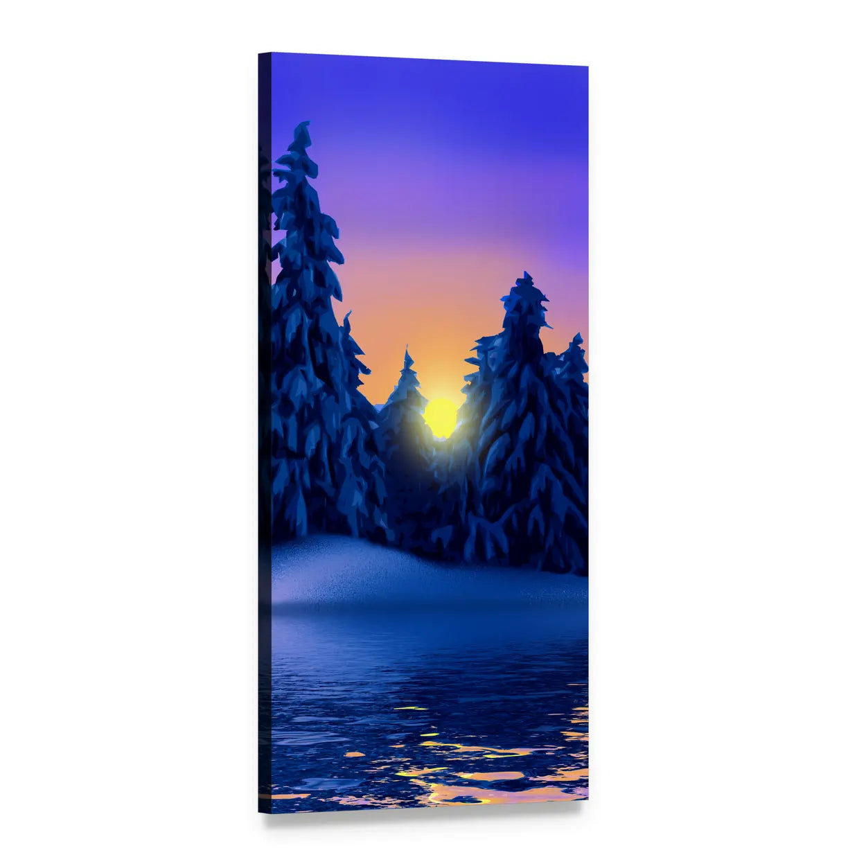 Winter Sunset Over Pine Lake Vertical Canvas Wall Art, 1 panel 1 Vertical layout gallery wrapped canvas set, angled product view
