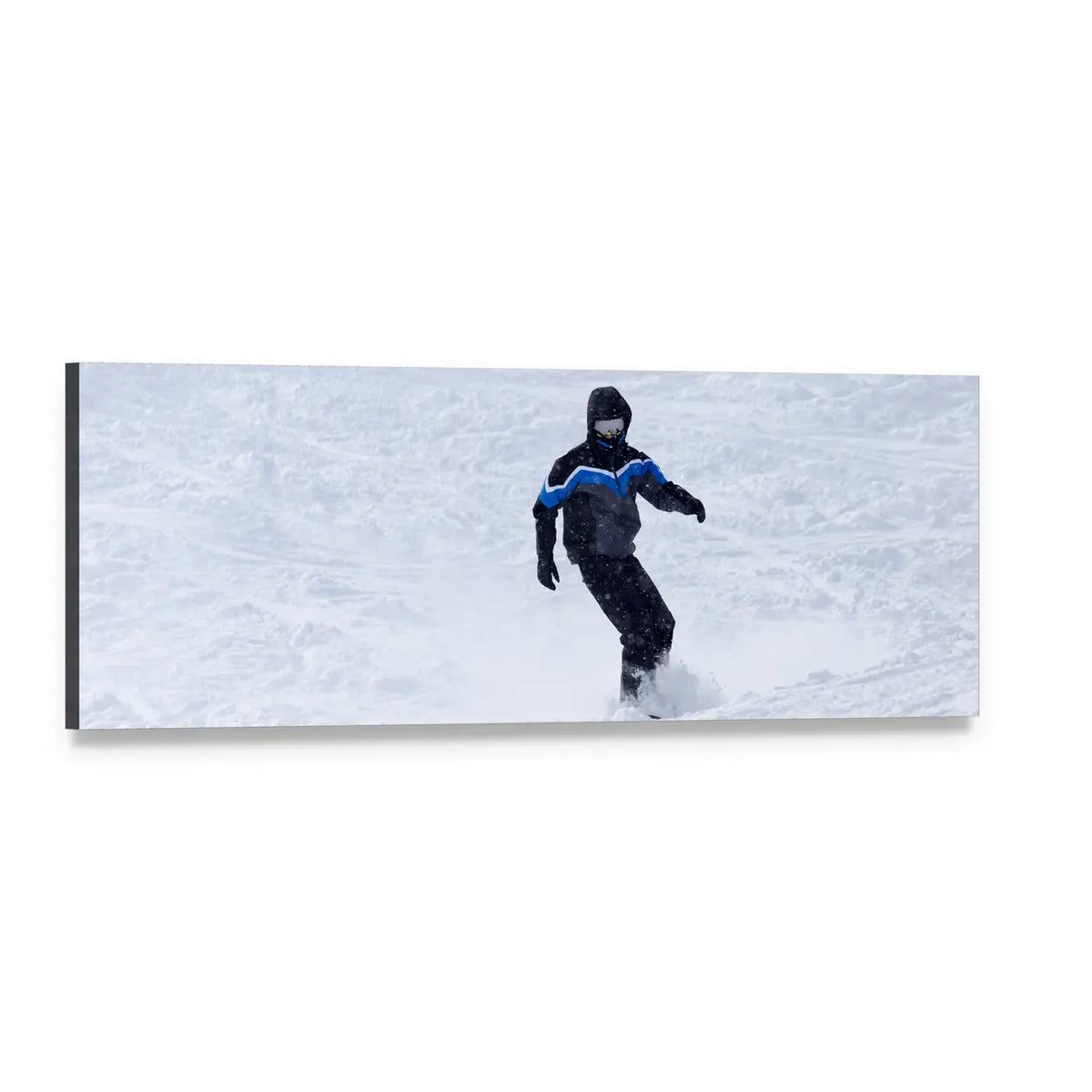 Snowboarder in Motion Panoramic Canvas Wall Art, single panel gallery wrapped canvas, angled product view