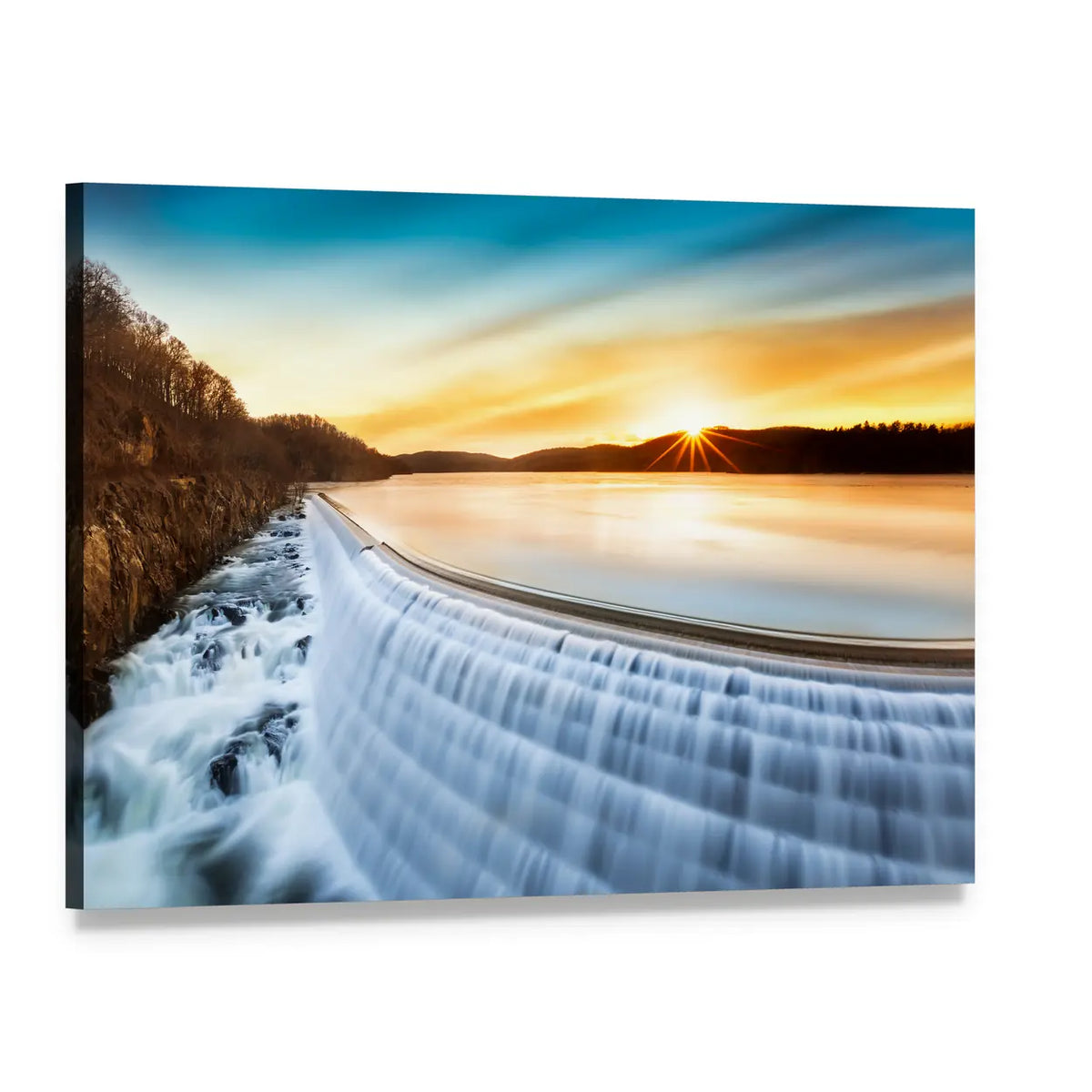 Sunrise Over Croton Dam Canvas Wall Art, single panel gallery wrapped canvas, angled product view