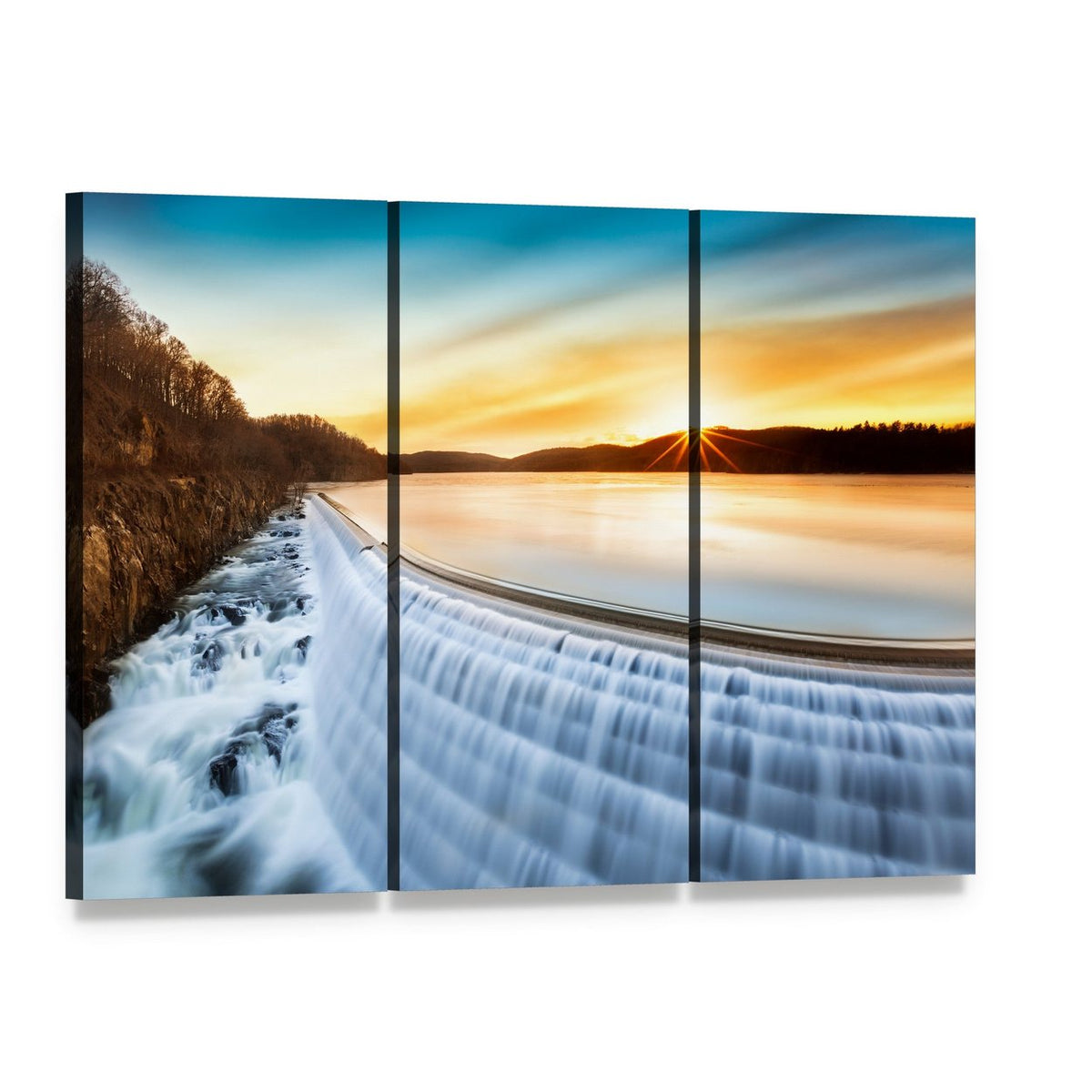 Sunrise Over Croton Dam Canvas Wall Art, 3 panel 3 Horizontal layout gallery wrapped canvas set, angled product view