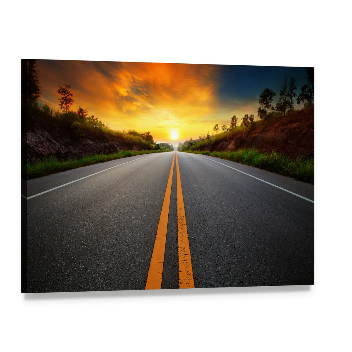 Sunrise Over Asphalt Road Canvas Wall Art, single panel gallery wrapped canvas, angled product view