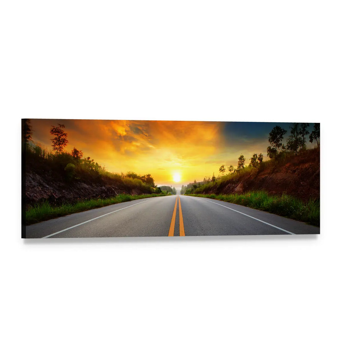 Sunrise Over Asphalt Road with Double Yellow Lines Panoramic Canvas Wall Art, single panel gallery wrapped canvas, angled product view