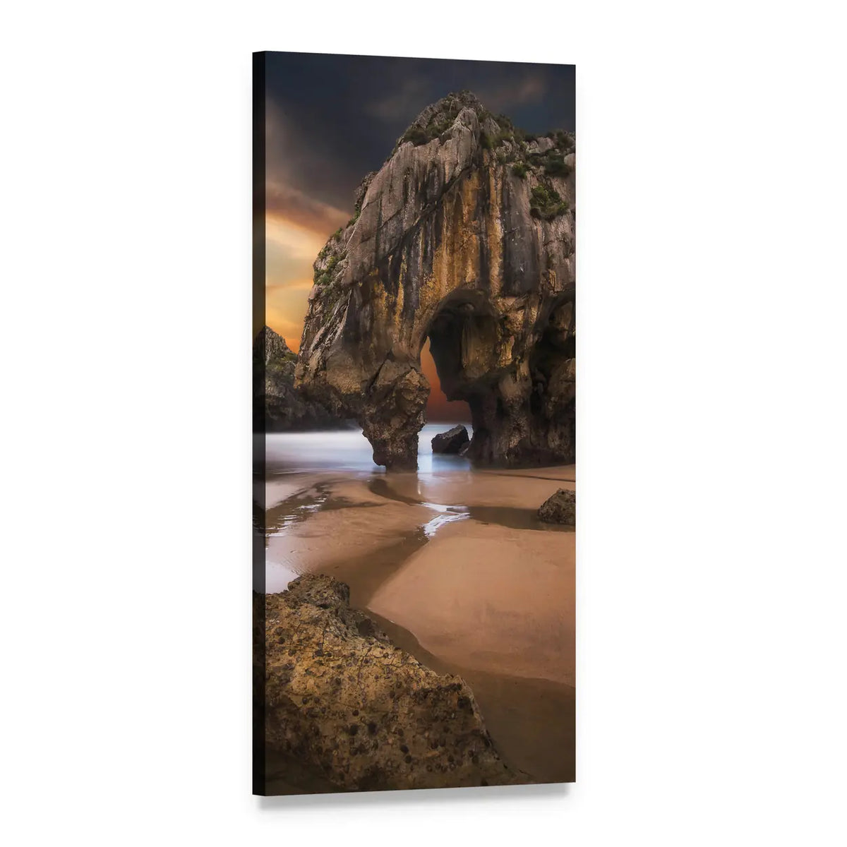 Sea Caves and Beach at Sunset Vertical Canvas Wall Art, 1 panel 1 Vertical layout gallery wrapped canvas set, angled product view