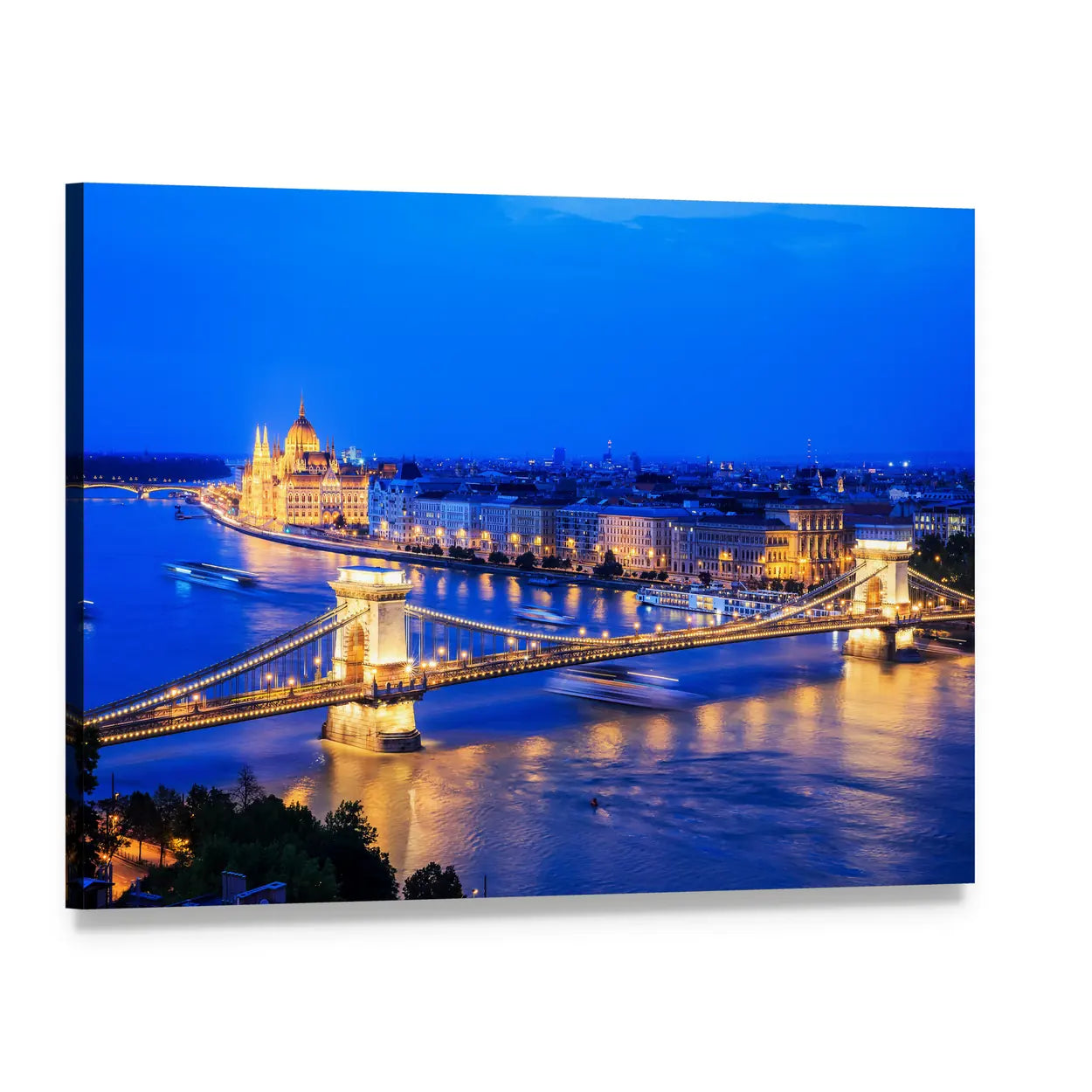 Chain Bridge and Hungarian Parliament at Night Canvas Wall Art, single panel gallery wrapped canvas, angled product view