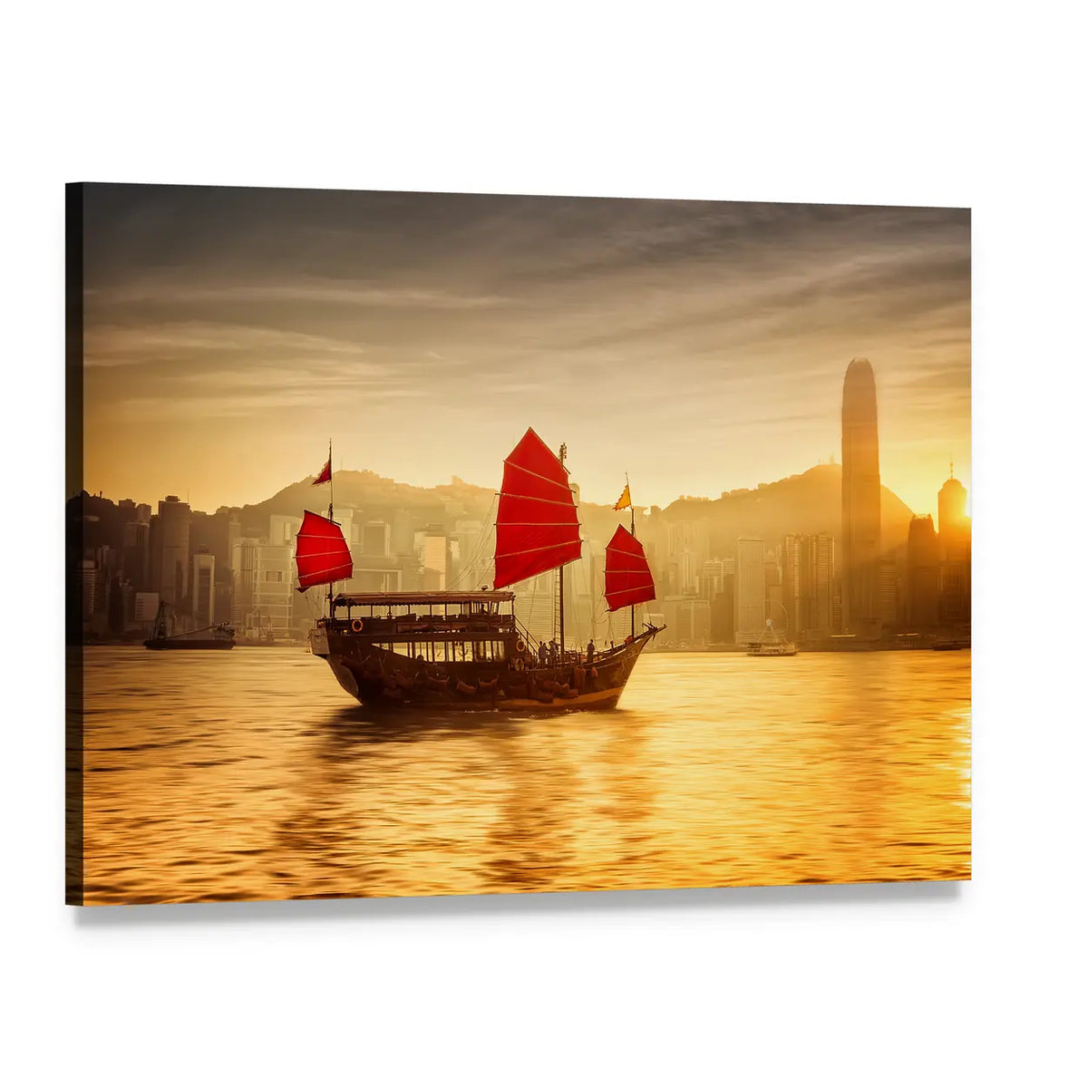 Sunset Skyline with Red-sailed Junk Boat Canvas Wall Art, single panel gallery wrapped canvas, angled product view