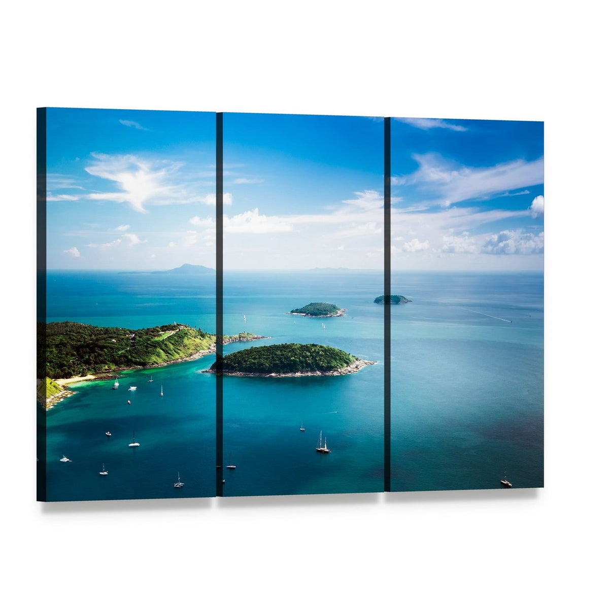 Koh Kaeo Island Aerial Seascape Canvas Wall Art, 3 panel 3 Horizontal layout gallery wrapped canvas set, angled product view