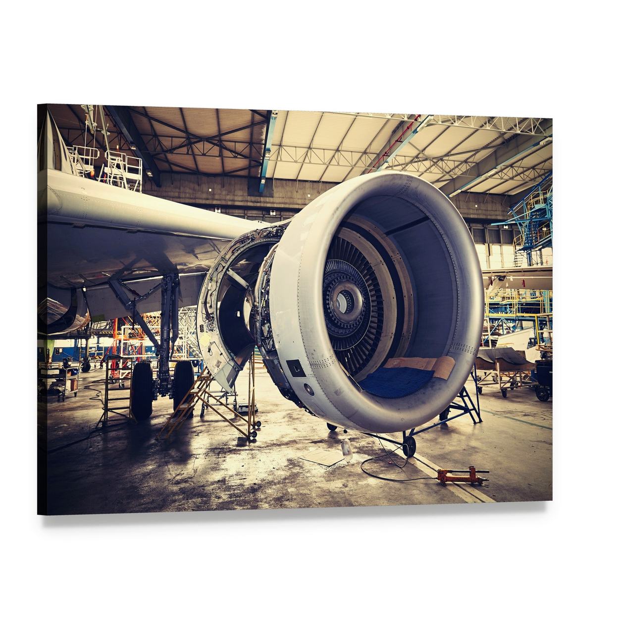 Airplane Engine Maintenance Canvas Wall Art, single panel gallery wrapped canvas, angled product view