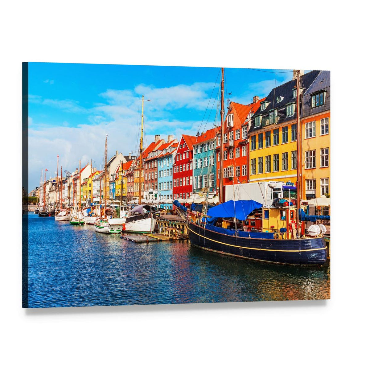 Colorful Nyhavn Pier with Boats Canvas Wall Art, single panel gallery wrapped canvas, angled product view