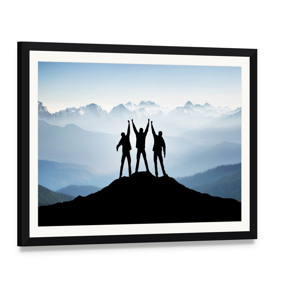Team on Mountain Peak Canvas Wall Art, framed print with white mat and black frame, angled product view