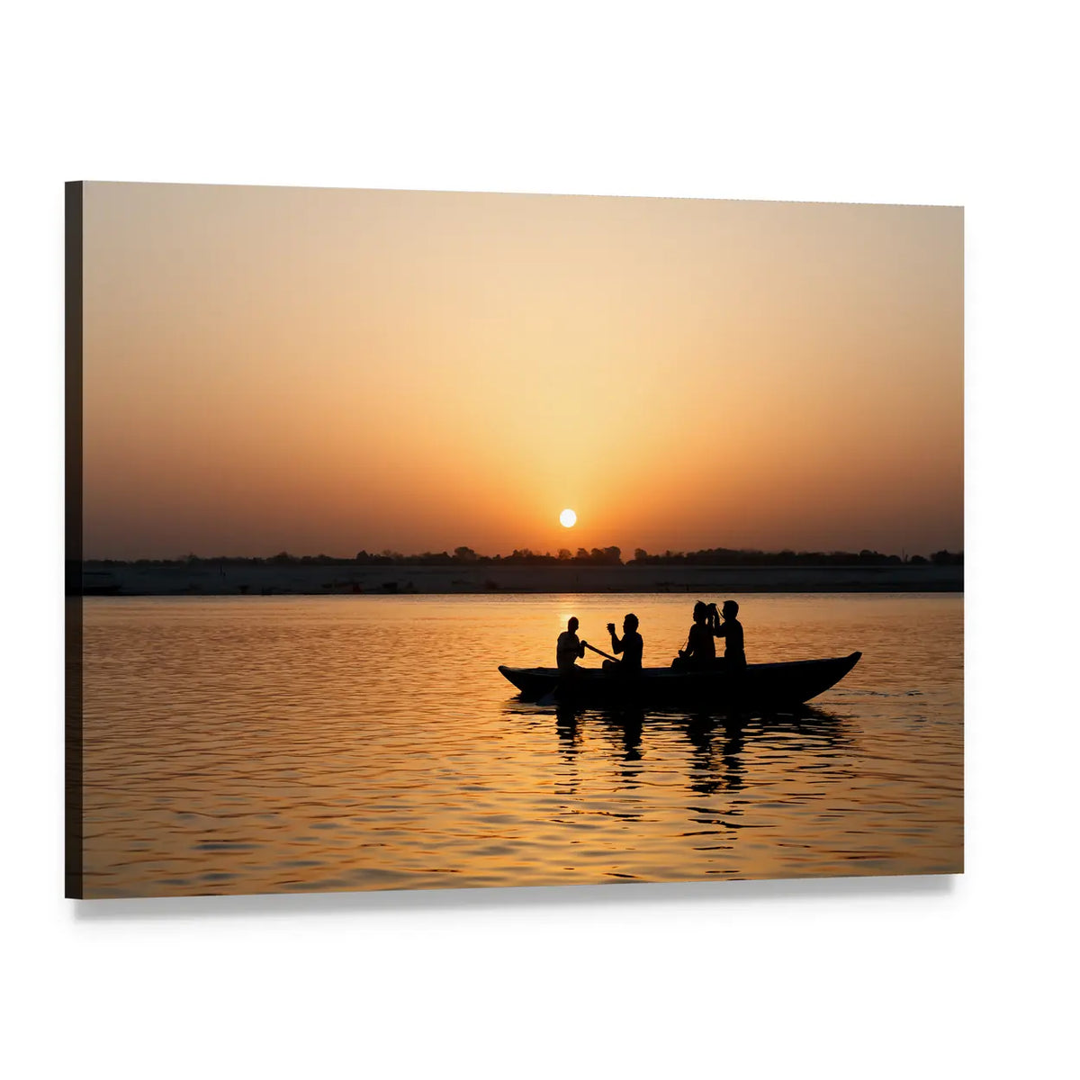 Boat on Ganges at Sunset Canvas Wall Art, single panel gallery wrapped canvas, angled product view
