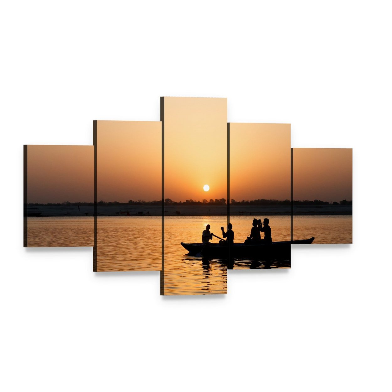 Boat Silhouette at Sunset Canvas Wall Art, 5 panel 5 Star layout gallery wrapped canvas set, angled product view