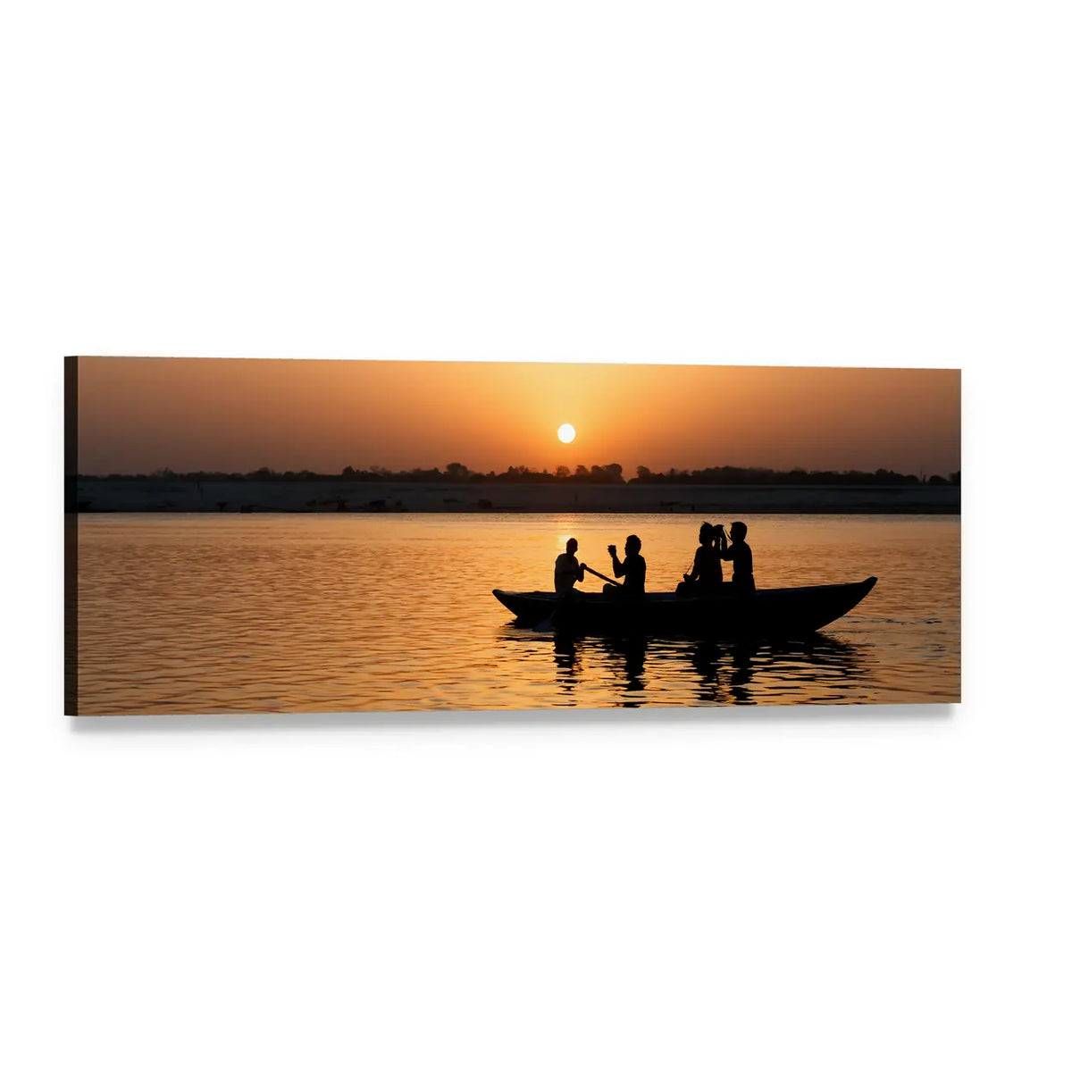 Rowing Boat at Golden Sunset Panoramic Canvas Wall Art, single panel gallery wrapped canvas, angled product view