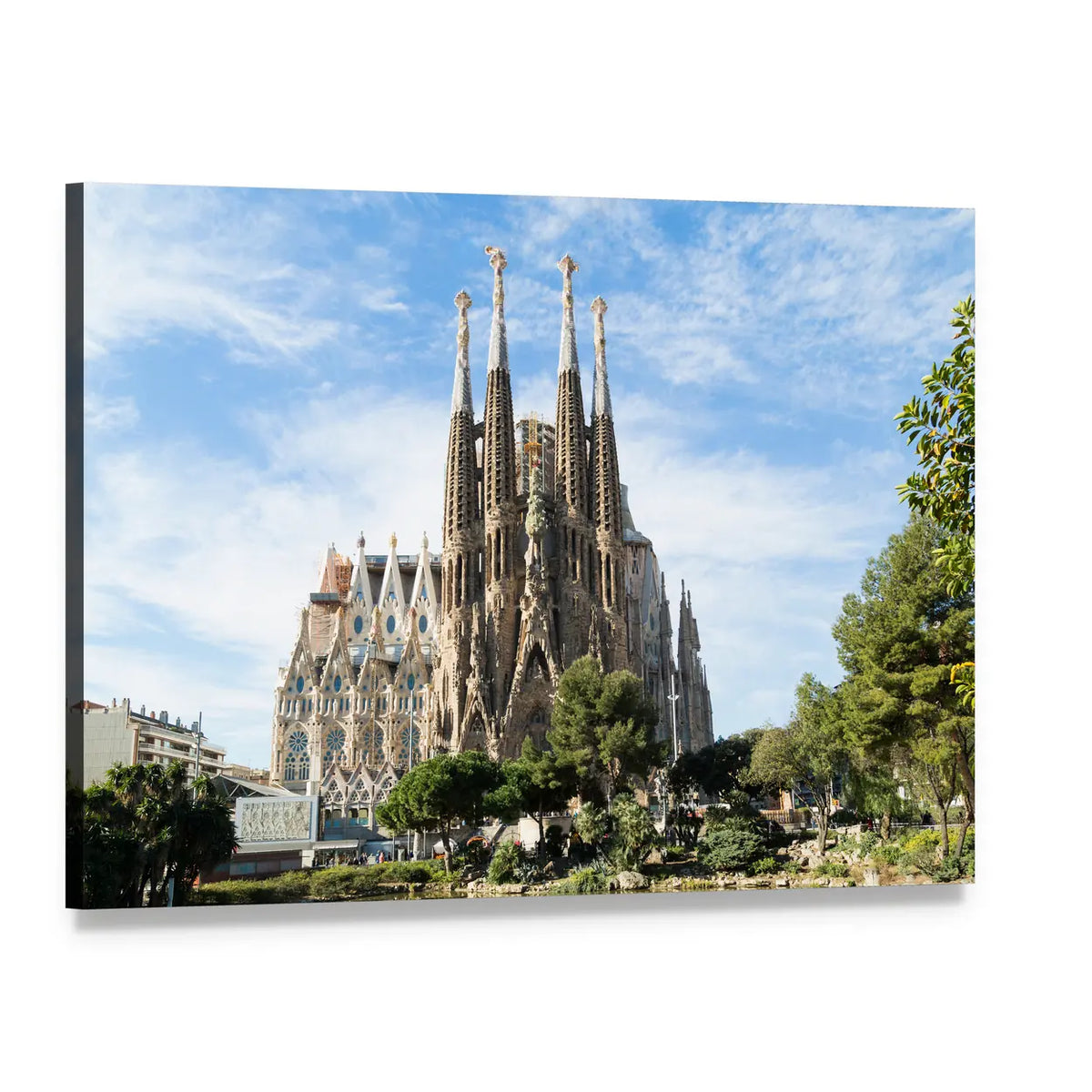 Sagrada Família Cathedral Spires Canvas Wall Art, single panel gallery wrapped canvas, angled product view