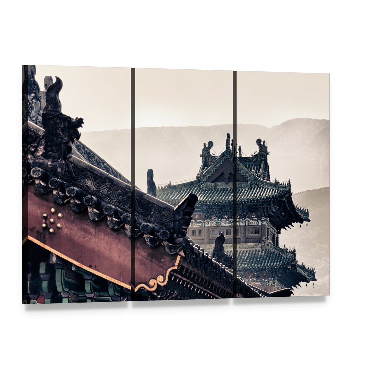 Shaolin Temple Surrounded by Misty Mountains Canvas Wall Art, 3 panel 3 Horizontal layout gallery wrapped canvas set, angled product view