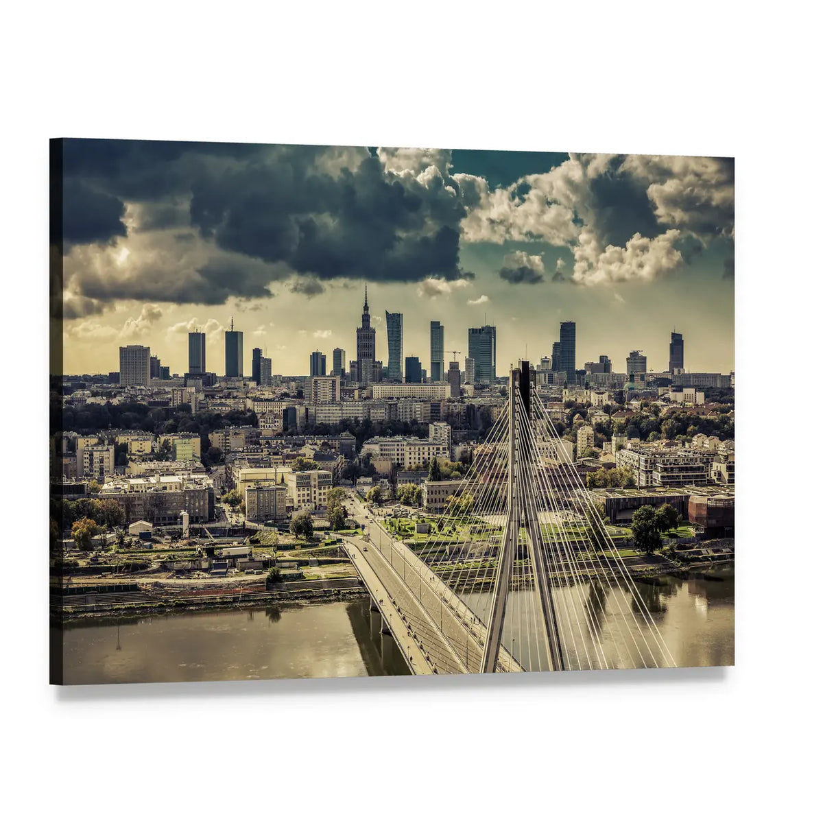 Warsaw Skyline Behind the Bridge Canvas Wall Art, single panel gallery wrapped canvas, angled product view