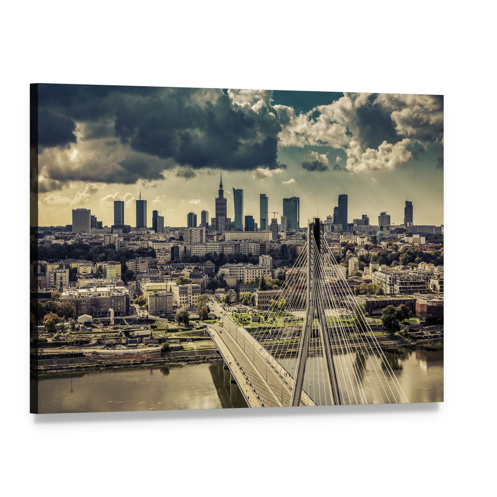 Warsaw Skyline Behind the Bridge Canvas Wall Art, single panel gallery wrapped canvas, angled product view