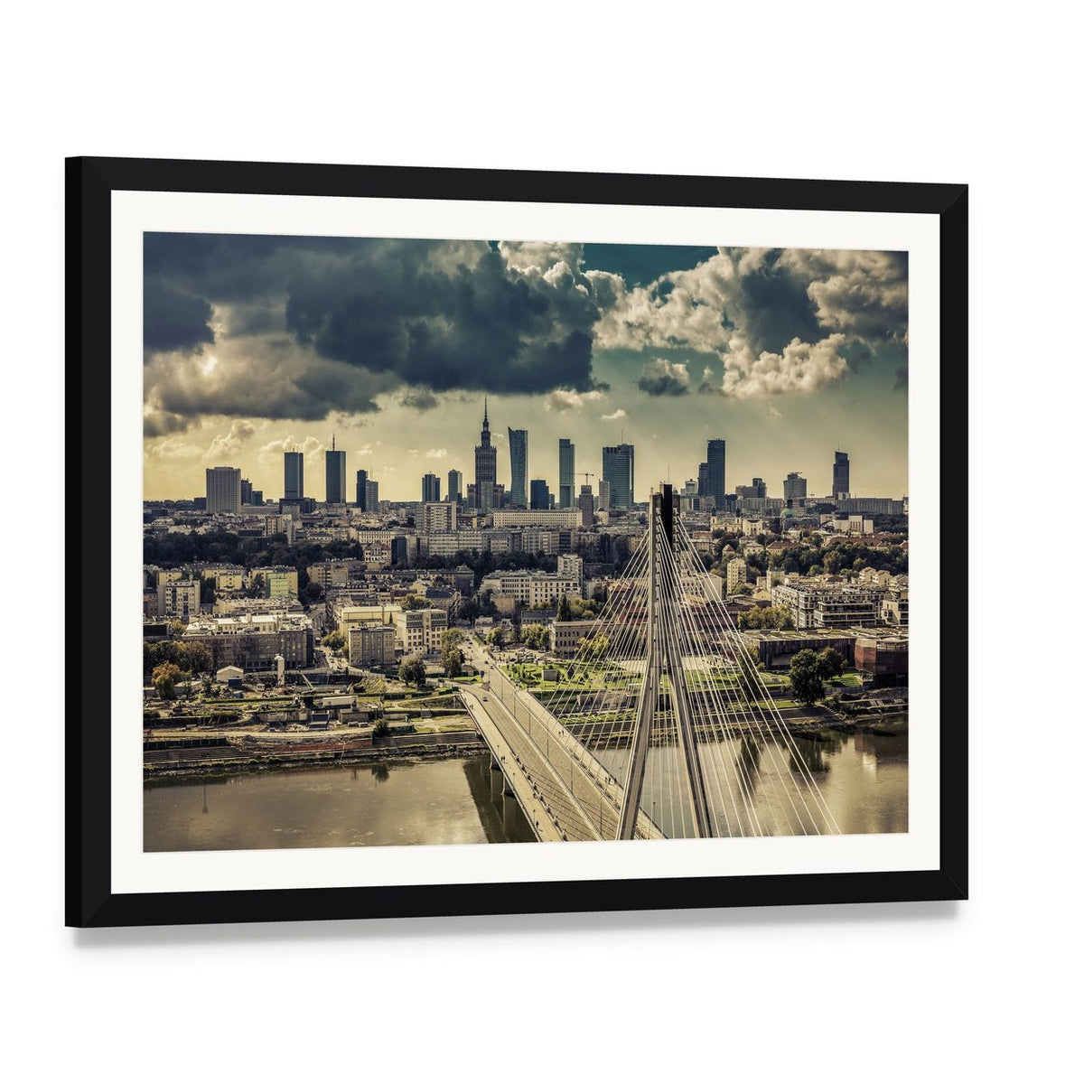 Warsaw Skyline Behind the Bridge Canvas Wall Art, framed print with white mat and black frame, angled product view