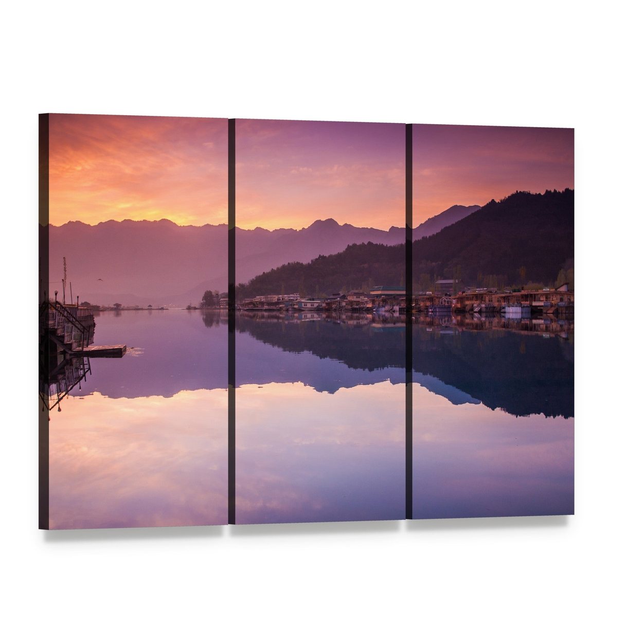Dal Lake Kashmir Sunset Reflection Canvas Wall Art, 3 panel 3 Horizontal layout gallery wrapped canvas set, angled product view