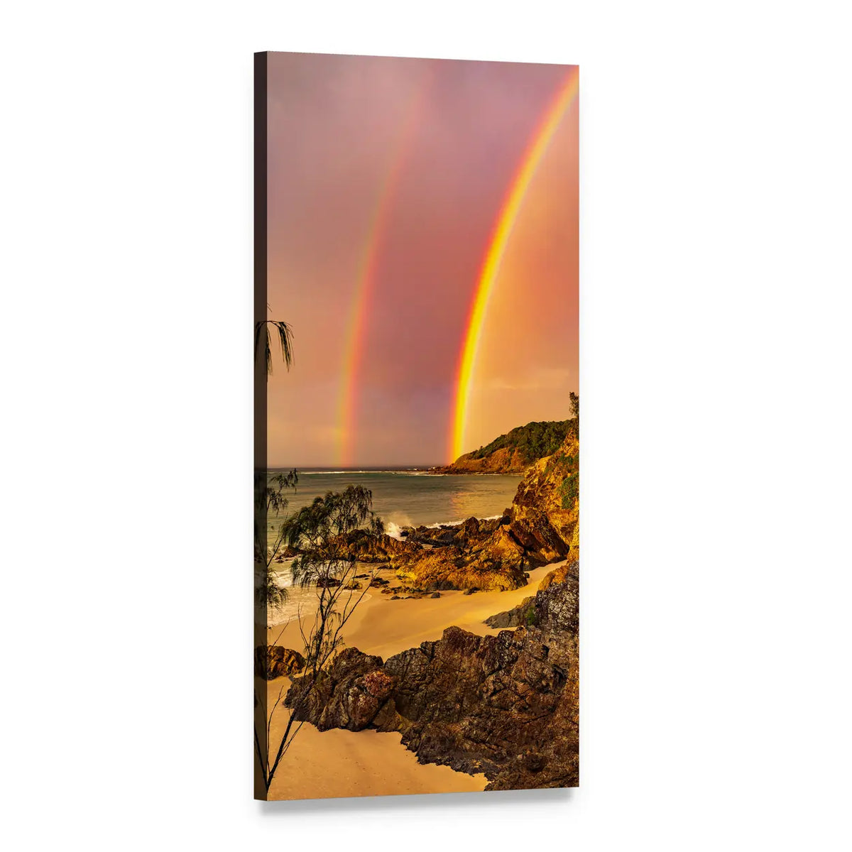 Sunset Double Rainbow Over Rocky Shore Vertical Canvas Wall Art, 1 panel 1 Vertical layout gallery wrapped canvas set, angled product view