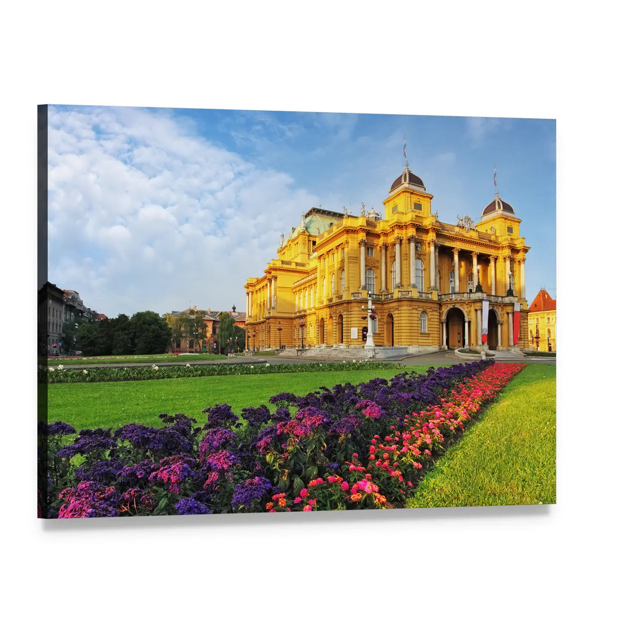 Croatian National Theater with Flowerbeds Canvas Wall Art, single panel gallery wrapped canvas, angled product view