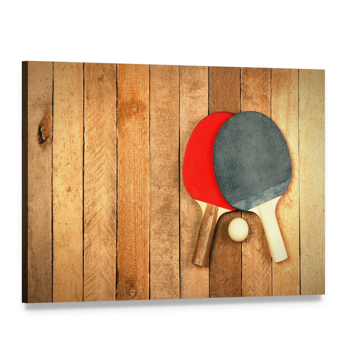 Table Tennis Paddles and Ball Canvas Wall Art, single panel gallery wrapped canvas, angled product view