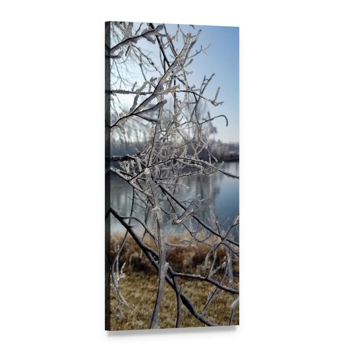 Frosted Branches Over Winter Lake Vertical Canvas Wall Art, 1 panel 1 Vertical layout gallery wrapped canvas set, angled product view